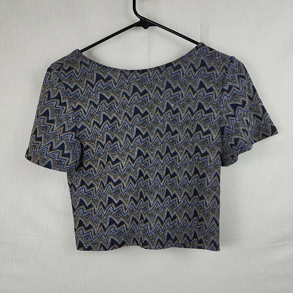 Zara Womens Multicolor Zig Zag Short Sleeve Keyhole Neck Cropped Top Size Small - Picture 2 of 8